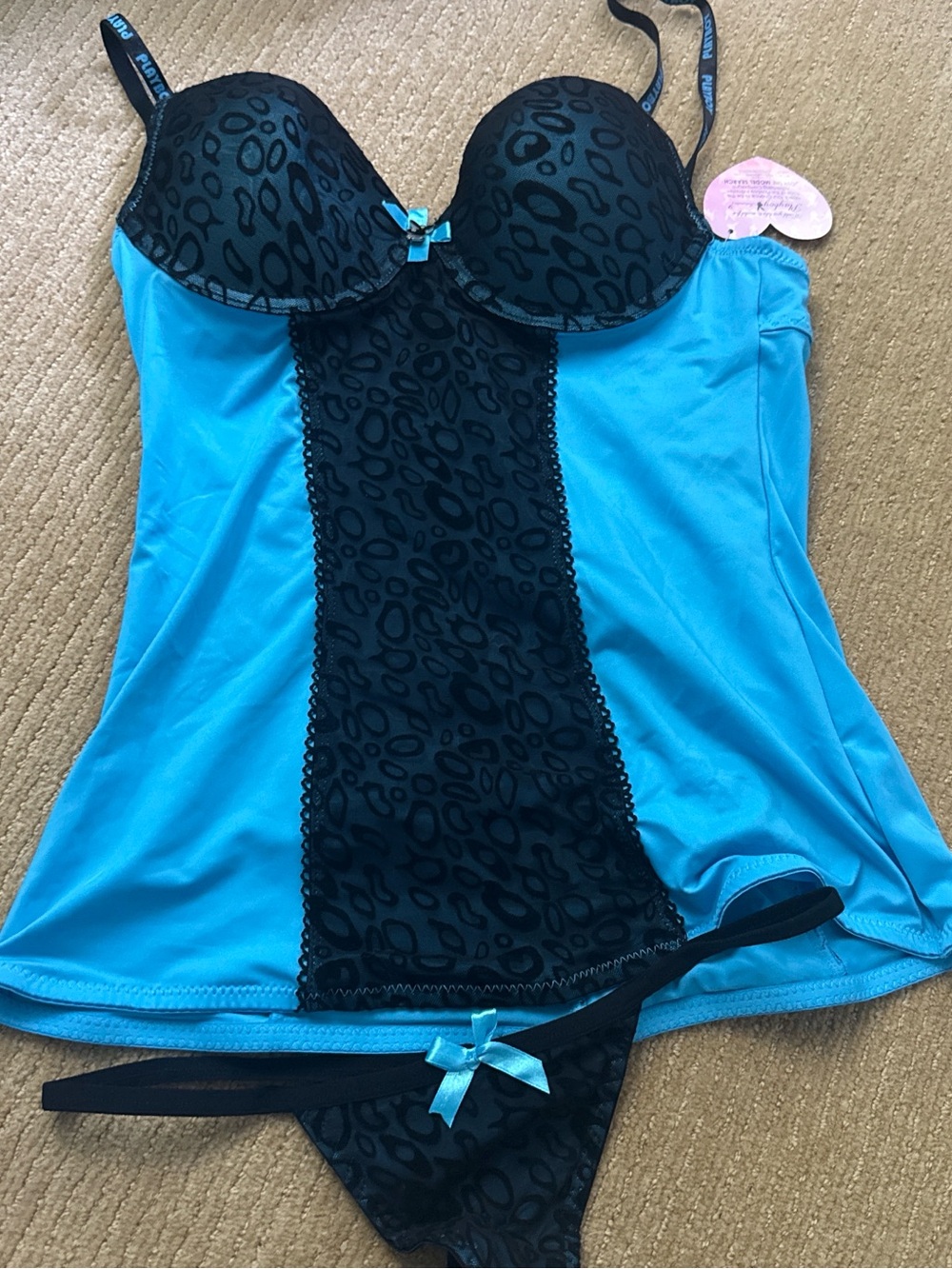 PLAYBOY Blue and Black Lace Leopard-Print Chemise with Matching Thong